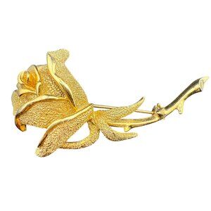 Gold-Toned Rose Brooch Pin Textured Metal Flower Design Signed Vintage Costume J